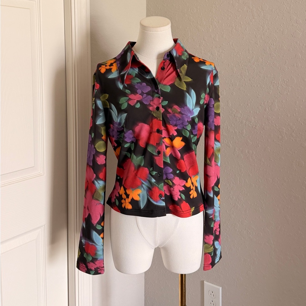 Finders Keepers Black Floral Button-Down Shirt with Multicolor Blooms